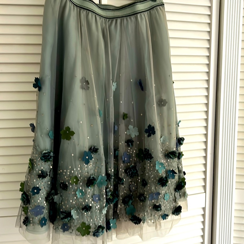RARE Anthropologie Not So Serious floral, sequin ice blue tulle skirt, Size L